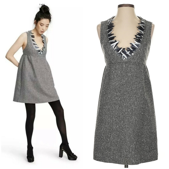 Anna Sui For Target Metallic Gray Boucle V-Neck Shift Mini Dress Cocktail Large - Picture 1 of 10